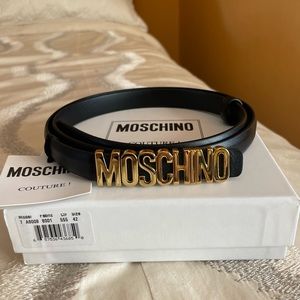 Moschino Black Leather Logo Belt Size 42